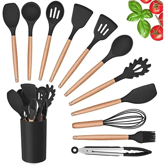 Kit de colher de silicone para cozinha, antiferrugem BPA, conjunto de utensílios de cozinha de madeira, 12 peças