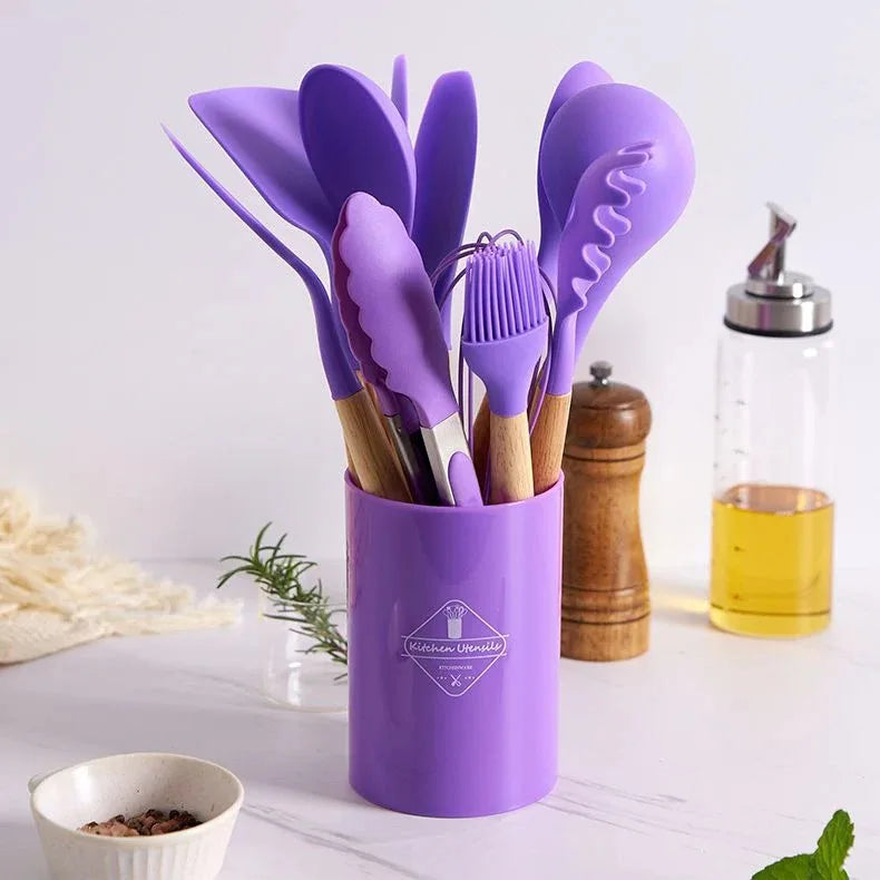 Kit de colher de silicone para cozinha, antiferrugem BPA, conjunto de utensílios de cozinha de madeira, 12 peças