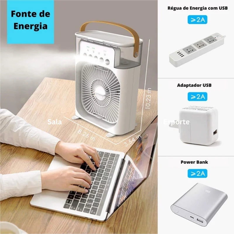 Ventilador de ebulização, umidificador e sistema de ar condicionado com 3 velocidades, design compacto portátil, ideal para dias secos