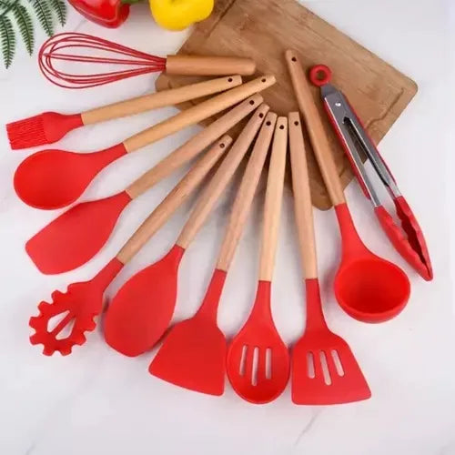 Kit de colher de silicone para cozinha, antiferrugem BPA, conjunto de utensílios de cozinha de madeira, 12 peças